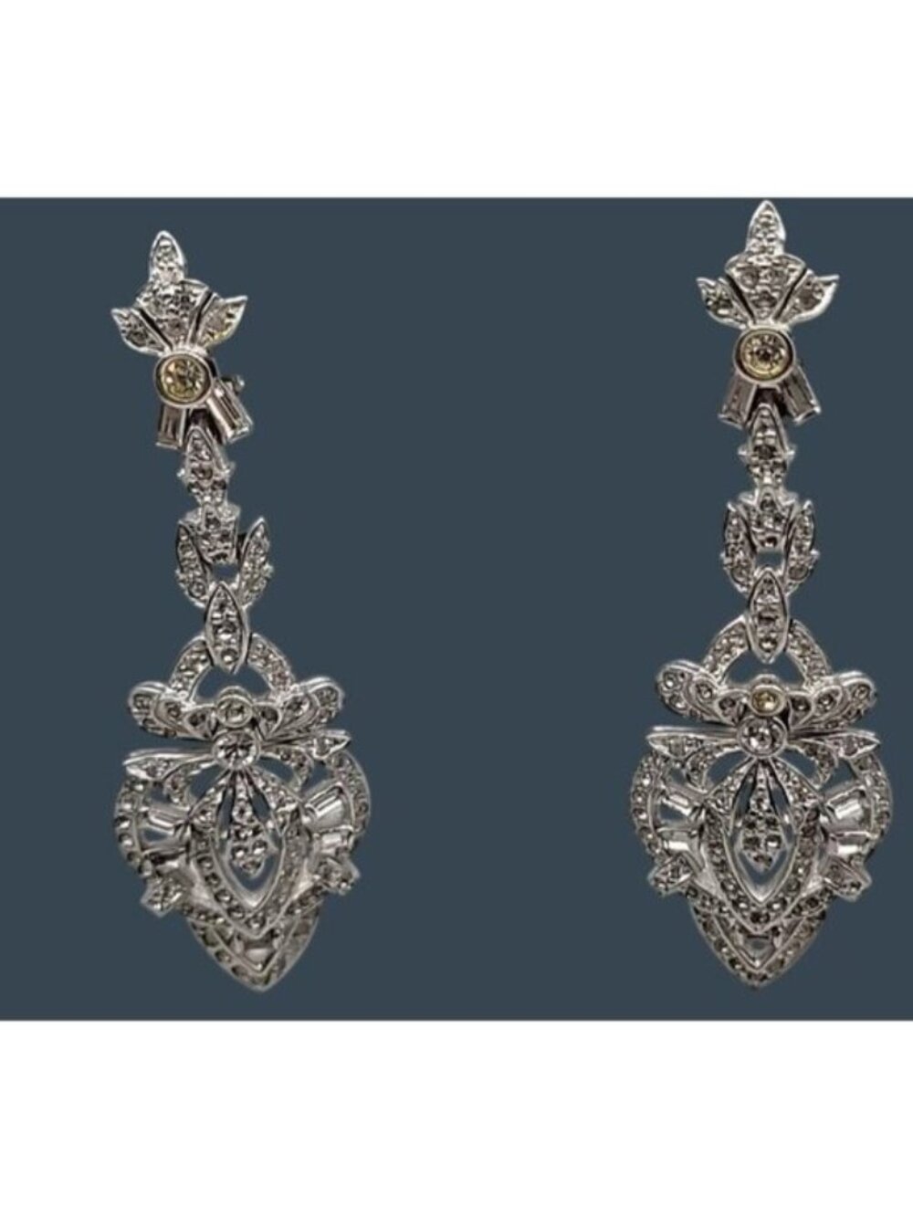 Vtg PANETTA Chandelier Clip On Earrings Art Deco Rhinestone Baguette Dangle 2.5”